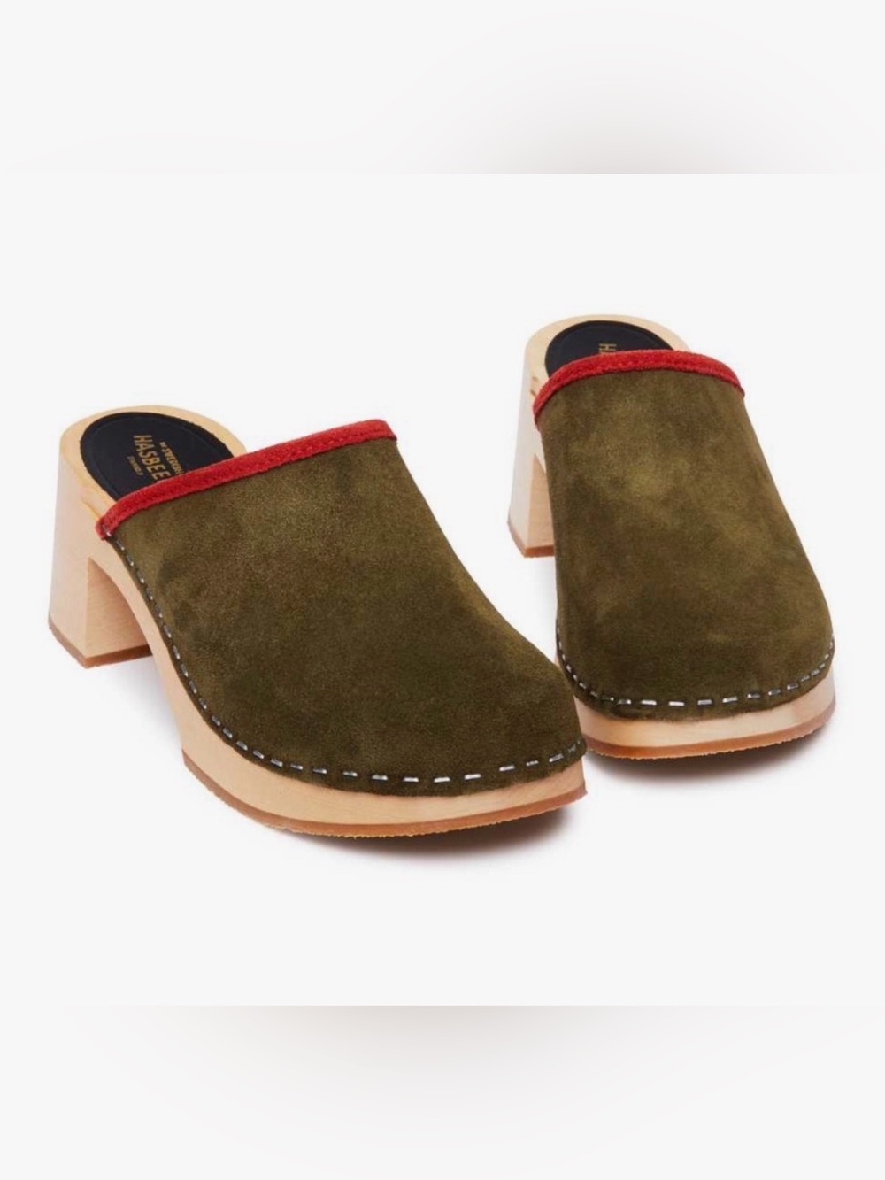 Swedish Hasbeens Olive Green Suede Clogs with Red Trim size 39